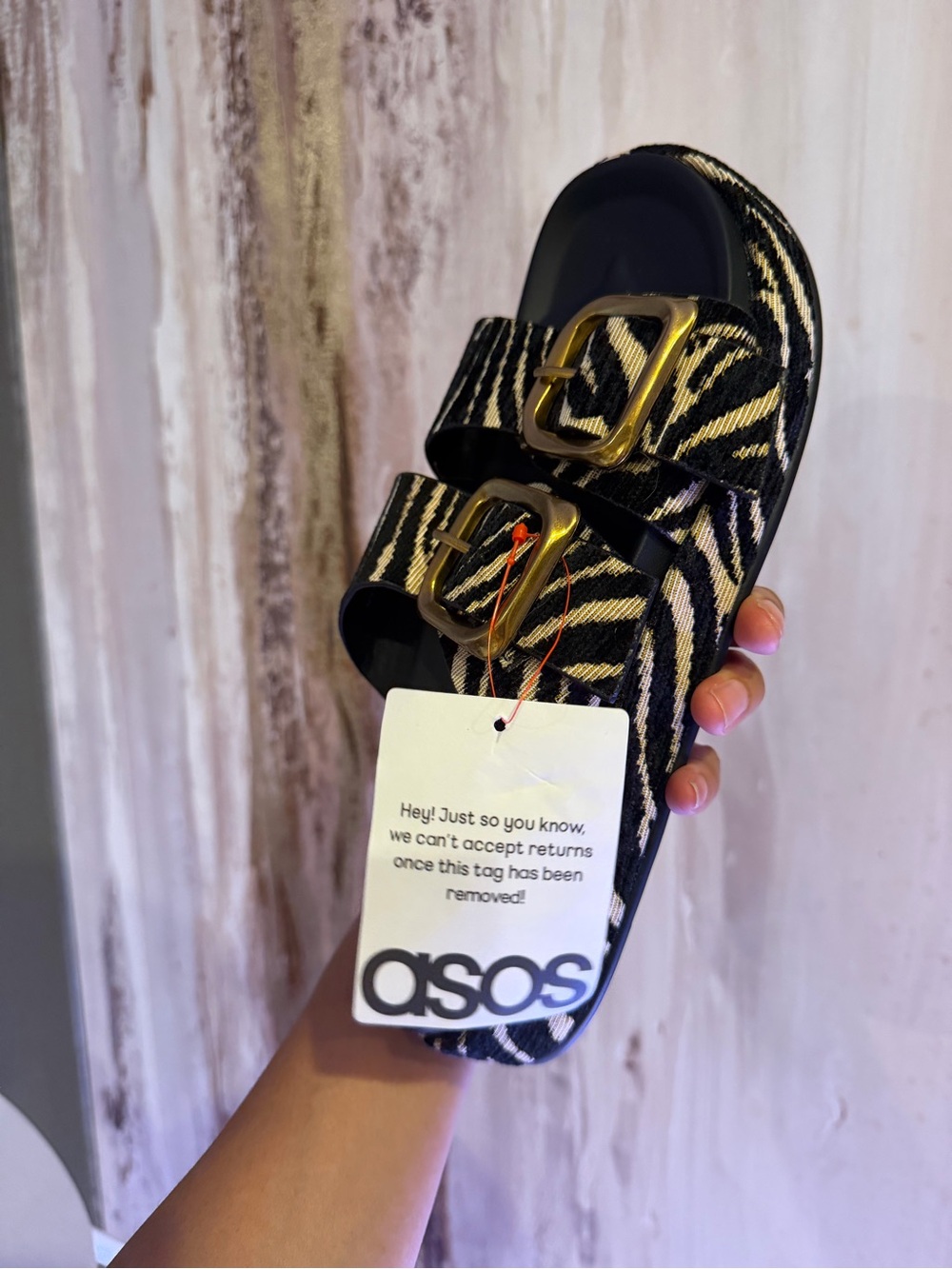 ASOS Black and Cream Zebra-Print Slide Sandals with Gold Buckles - Picture 3 of 5